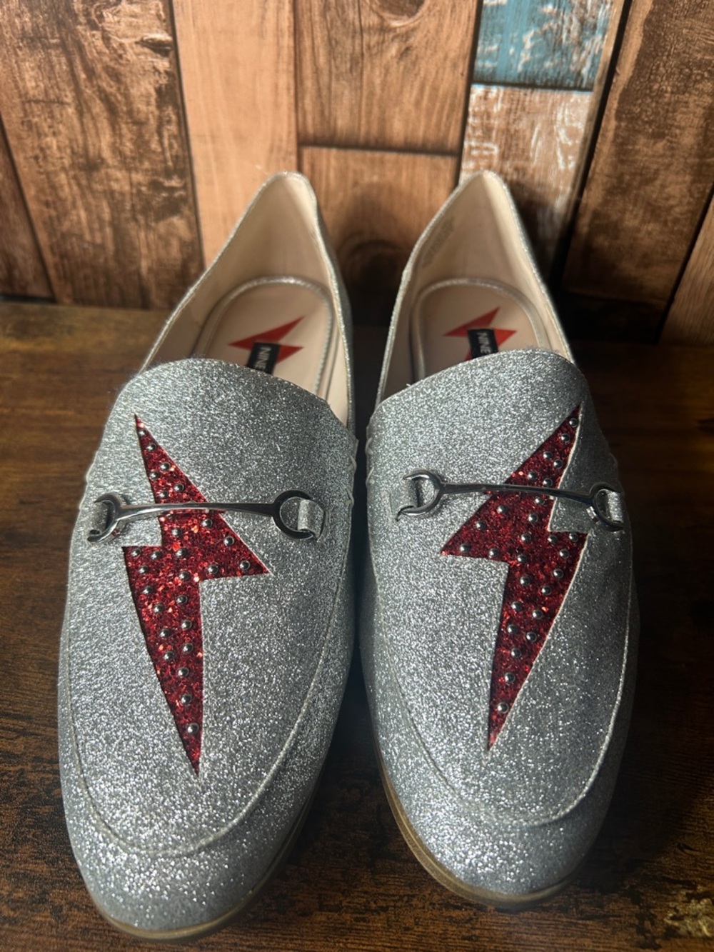 Nine West Silver Glitter Slip-On Loafers with Red Lightning Detail - Picture 13 of 16